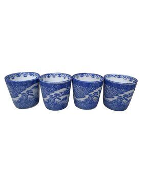 Set Of 4 Japanese Blue & White Porcelain Tea Sake Cups With Landscape Design